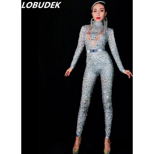 Silvery gray Rhinestones Pearls Jumpsuit Sexy Stretch Bling Crystals Bodysuit Bar Female Singer Stage Performance Party Costume