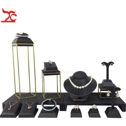 Stainless Steel Earrings Jewelry Window Counter Showcase Soft PU Necklace Ring Earring Stud Bracelet Display Holder Stand Set