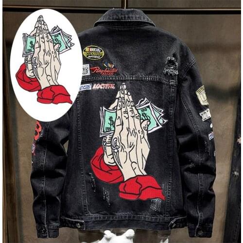 Water Soluble Embroidery Iron Patches Hands Prayer for Money Large Clothes Patch Iron on Appliques for Jackets Sweaters Stickers