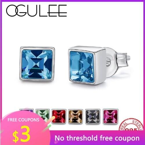 OGULEE 925 Sterling Silver Earrings with Square Blue Purple Gold Green Crystal Stud Earrings for Women Party Gifts Fine Jewelry