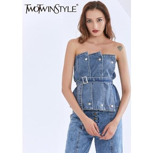 TWOTWINSTYLE Backless Denim Elegant Vest For Women Strapless Sleeveless Sashes Casual Denim Vests Female Fashion New Clothing