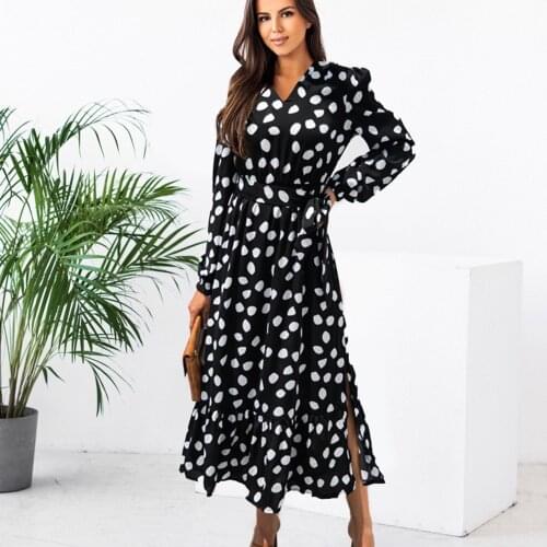 Casual Long Sleeve Polka Dot Print Maxi Dress Woman Autumn V-neck Ruffles Slit Long Dresses Women White Loose Lace Up Robe Femme