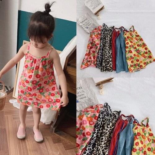 111Girls Floral Dresses Sling Ruffles Princess Beach Summer Dress for Girl Clothing