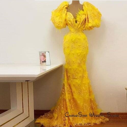 2020 Fashion Yellow Lace Feather Prom Dresses Puffy Short Sleeve Sweetheart Mermaid Evening Dresses коктейльные платья vestidos
