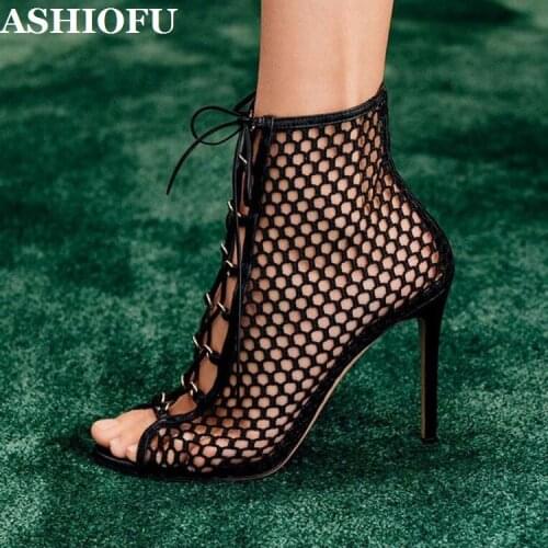 ASHIOFU Elegant Womens Stiletto Sandals Summer Mesh Cut-out Shoes Peep-toe Sexy Evening Club Fashion High Heels Sandals Shoes