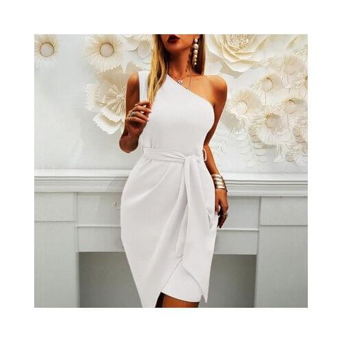 White Summer Dresses One Shoulder Evening Dresses Lace Up Sexy Bodycon Female Dress Party Dresses Nightclub Slim Dress Plus Size