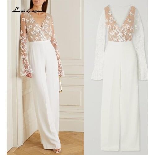 Bohemian Lace Wedding Dress with Jumpsuit 2021 Modest Long Sleeve Countryside Beach Bride Pant Suit Wedding Party gowns