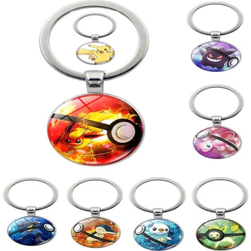 Pokemon Anime Pikachu Flareon Mew Gengar Zinc Alloy Glass Anime Keychain Bag Keyring Ornament Accessories Birthday Gifts