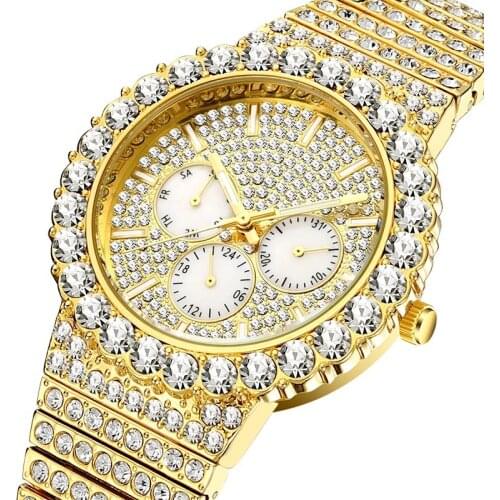 MISSFOX Mens Watches Big Rainbow Luxury Brand 18k Gold Fashion Wrist Watch Men Top Selling Iced Out Quartz Wristwatch Gift 2020