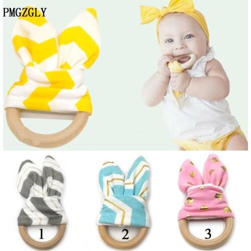 Baby Boy Bunny Ear Teether - Safe Organic Wood Teething Ring, Fish, Plaid, Color Choice, Baby Boy Shower Gift Baby Teether