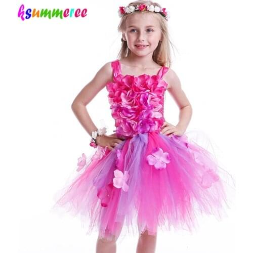 Girls Pink Purple Flowers Tutu Dress Summer Children Floral Crochet Bodice Tulle Clothes Kids Wedding Party Costume Photo Props