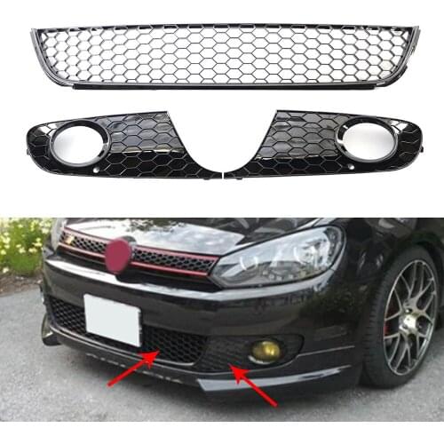For VW Golf MK6 VI Front Grille Bumper Honeycomb Gloss Black + Fog Light Grill