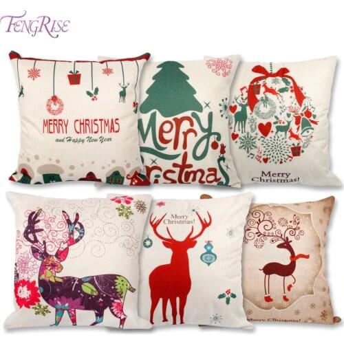 FENGRISE 45x45cm Pillow Case Christmas Decorations For Home Santa Clause Christmas Deer Cotton Linen Cover Cushion Home Decor