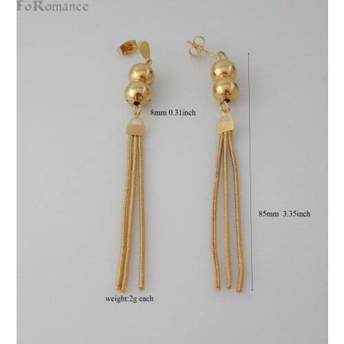 Foromance/- YELLOW GOLD GP DANGLE BALL TALL 3.35" EARRING TWO PLAIN BALLS WITH THREAD CHAIN GREAT DESIGN