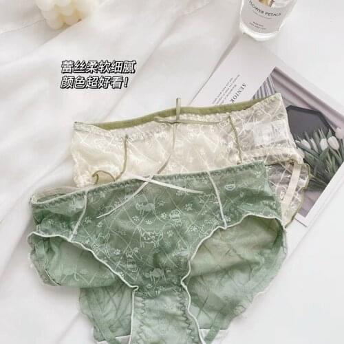 French Lace Sexy Underwear Womens Lolita Hollow Delicate Cat Mesh Ruffled Breathable Cotton Panties