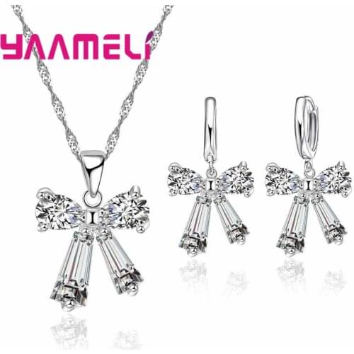 Hot Sale Bowknot Shape Pure 925 Sterling Silver For Women Wedding Jewelry Sets Crystal Necklace Pendant Hoop Earrings