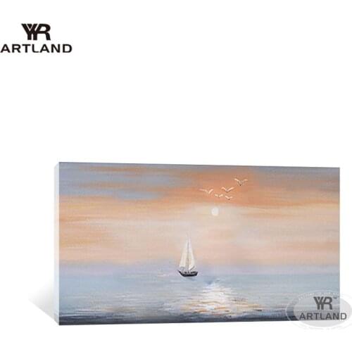 Beautiful scenery picture sunrise sailboat on the sea wall posters for home decor Hand drawn oil painting on canvas for bedroom