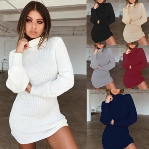 Mini Dress Autumn Winter Warm Knitted Dresses Women Elastic Turtleneck Long Sleeve Bodycon Dresses Vestidos Slim Knitted Dress