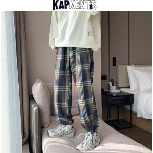 KAPMENTS Men Harajuku Baggy Plaid Pants 2021 Mens Japanese Streetwear Vintage Causal Sweatpants Male Kpop Designer Joggers Pants