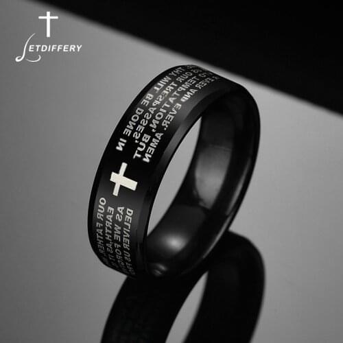 Letdiffery Stainless Steel Black Color Jesus Cross Ring Letter Bible Prayer Finger Rings For Men 8mm Amulet Jewelry