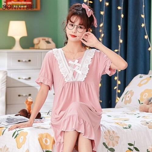 Nightgowns Women Summer Sleepwear Simple Fashion Night Dress Ulzzang Retro Short Sleeve Square Collar Lace Ruffles Cutey Casual