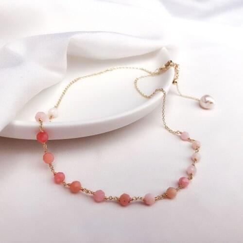 Original Freshwater Pearl Necklace Chain For Women 14K Gold Charm Pink Stones Beads Fine Jewelry Party Birthday Gift Female