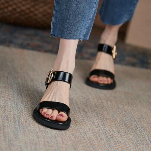 MORDOAN Mid-Heel Sandals Women Patent Leather Genuine Cowhide New Summer Womens Shoes Open-Toed Slippers Sandals For Women S