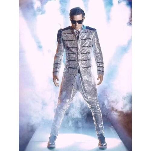 Silver sequins blazer men suits designs jacket mens stage costumes for singers clothes dance star style dress masculino homme