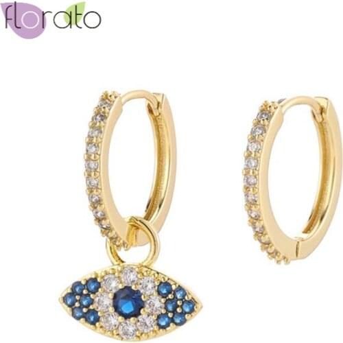 Personality 925 Sterling Silver asymmetric gold color zircon micro-inlaid evil eye/Star Hoop Earrings for Women Fashion Jewelry