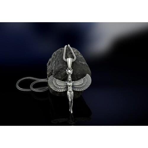 Ethnic Ancient Egyptian Goddess Necklace Antique Silver Color Angel Wings Pendant Necklaces for Women Men Vintage Egypt Jewelry