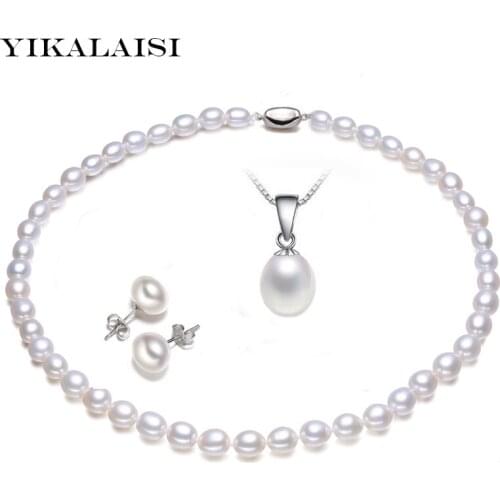 YIKALAISI 925 sterling silver jewelry Pearl Jewelry Sets Water Drop Natural Freshwater Pearls Send Chain pearl For Women