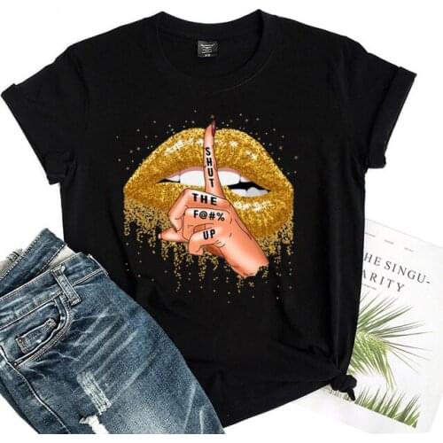 Fashion Golden Lips Graphics Printed T Shirt Women Summer Short Sleeve T-shirt Black Tee Shirt Female Harajuku Casual Tops