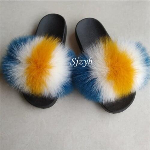 Wholesale Womens Furry Slippers Cute Striped Fox Fur Slides Childrens/Kids Plush Sandals Ladies Amazing Flip Flops Female Shoe