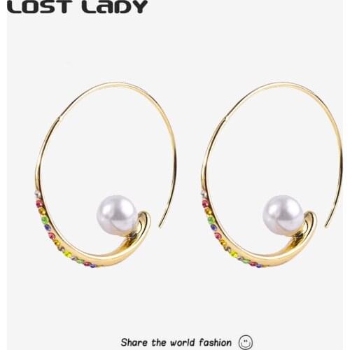 Lost Lady Fashion Colorful Rhinestone Woman Earring Gold Color Hollow Geometric Round Hoop Earrings Modern Female Trendy Jewelry