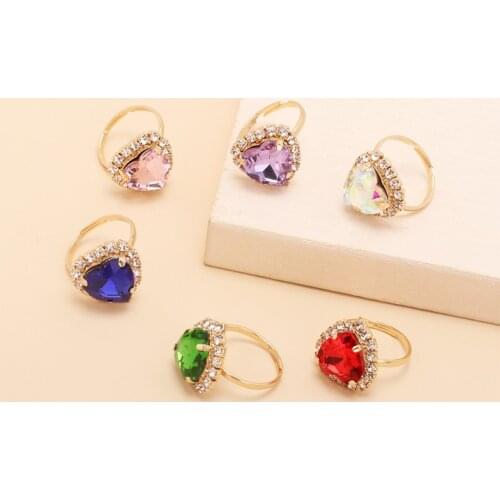 Female Pink Crystal Stone Ring Adjustable Dainty Gold Color Wedding Big Rings For Women Cute Bride Heart Engagement Jewelry