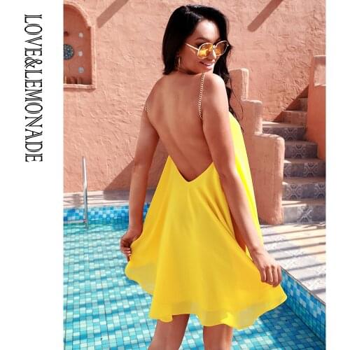 LOVE&LEMONADE Tube Top Yellow V-Neck Open Back Golden Chain A-Line Chiffon Beach Summer Mini Dress LM83309