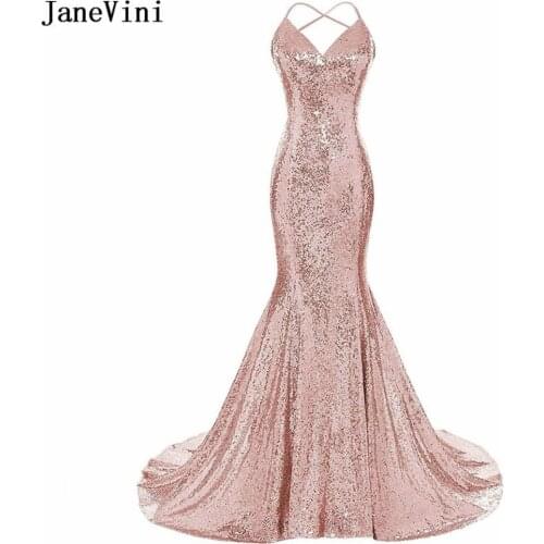 JaneVini Bling Bling Rose Gold Sequined Mermaid Long Bridesmaid Dresses for Women V Neck Backless Sexy Custom Party Prom Gowns