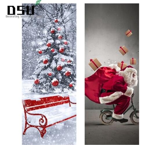 2pcs/set DIY 3D Festival Door Stickers Christmas Santa Snow Xmas Tree Waterproof Door Poster Store Home Decor 200*77cm Sticker