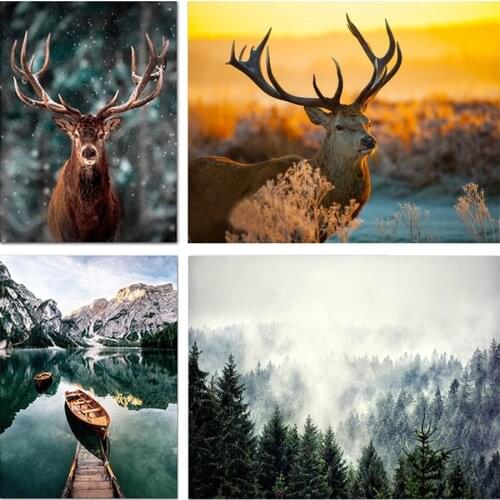 5D Full Drill Diamond Painting Animal Fog Forest Deer Diamond Embroidery Lake Landscape Mosaic Cross Stitch Nordic Wall Decor