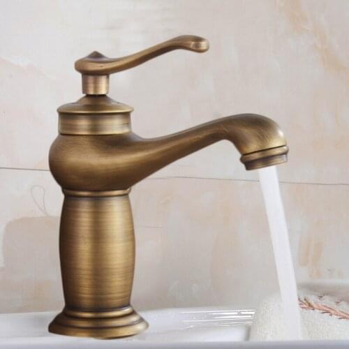 Antique Brass Single Handle Bathroom Faucet Basin Sink Solid Brass Faucets Hot and Cold Water Face Mixer Taps