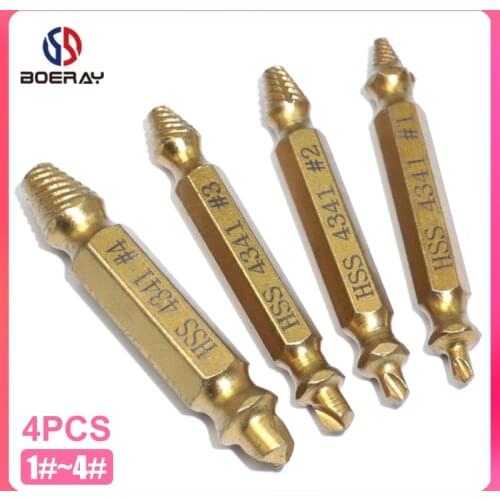 Boerray 4pcs Broken Bolt Extractor Damaged Screw Remover Titanizing Drill Bits Double Side Easy Out Stud Reverse Hand Tool Set