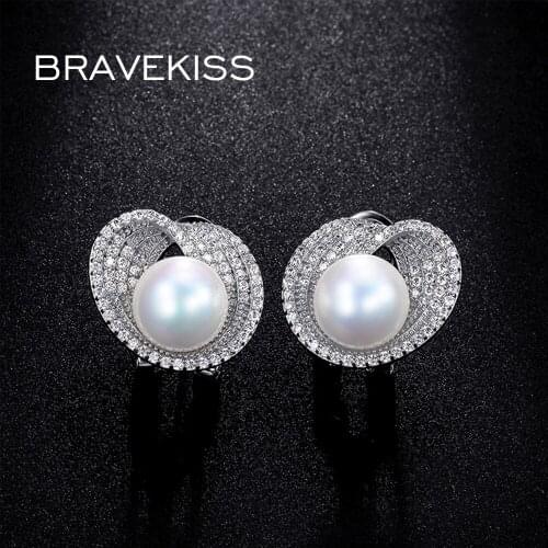 BRAVEKISS exquisite cz simulated pearl stud earrings women hollow earing studs piercing jewelry brincos oorbellen donna BUE0189B