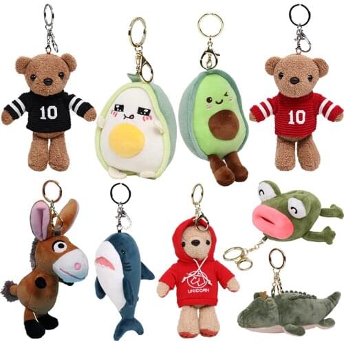 Cute Cartoon Animal Plush Toy Keychain Backpack Keychain Avocado Cream Fruit Shark Frog Crocodile Teddy Bear lion Strawberry New