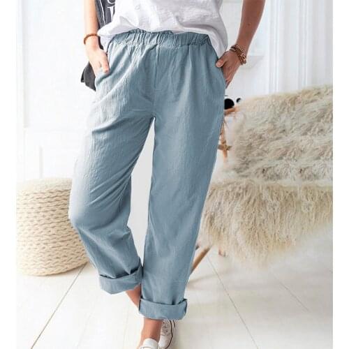 Cotton Linen Elastic Waist Solid Color Straight Pocket Long Pants Women Summer Plus Size Streetwear Beach Casual Loose Trousers