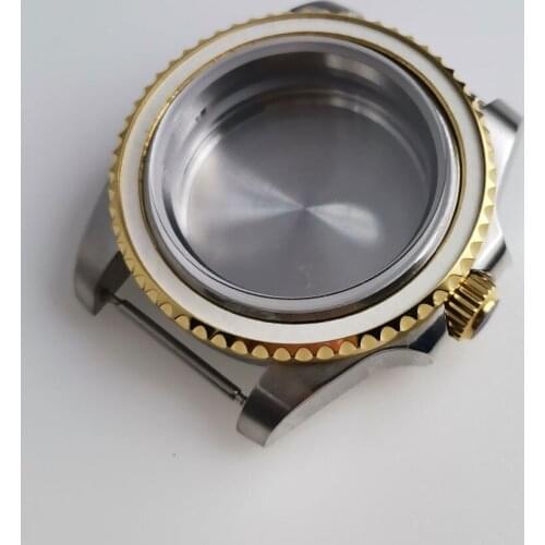 Fit Automatic NH35 NH36 40mm SUB Watch Case Two Tone Gold Bezel No Cyclops Sapphire Glass Metal/Seeing Glass Backcover