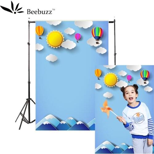 Children cartoon selfie background photography studio photophone Sun clouds mountain peak hot air balloon