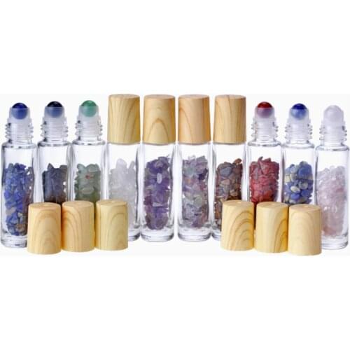 10ml Clear Glass Roll On Perfume Bottle With Natural Crystal Ball Wood Grain Cover Essential Oil Bottle LX8428