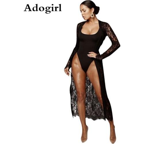 Adogirl Sexy 2 Piece Set Long Sleeve X-Long Lace Cardigan Coat + Casual Bodysuit Female Night Club/pool Party Outfits