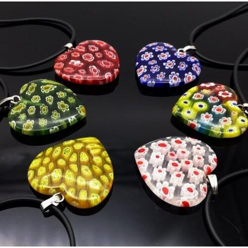 25mm Fashion 6PCS Mix Color Heart Millefiori Glass Lampwork Pendants With Cord