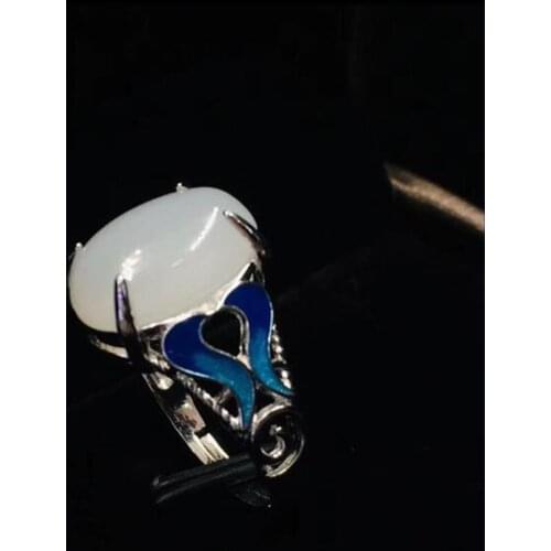 Natural 925 Silver Hetian White Jade Carved The Ellipse Ring Mosaic Blue Stone For Woman Big Gemstone Fine Jewelr